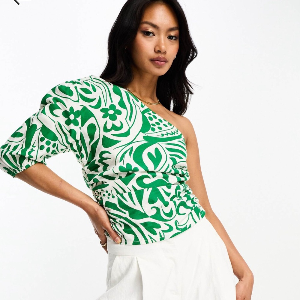 Asos Design one shoulder top with ruched side in green and cream floral print